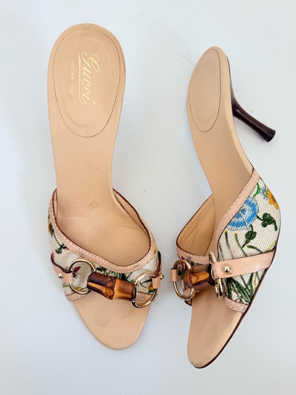 Vintage Gucci Tom Ford Flora Bamboo Horsebit Canvas Heeled Mules Sandals 8B